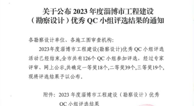 北京分院榮獲“淄博市工程建設（勘察設計）優秀QC小組”獎項